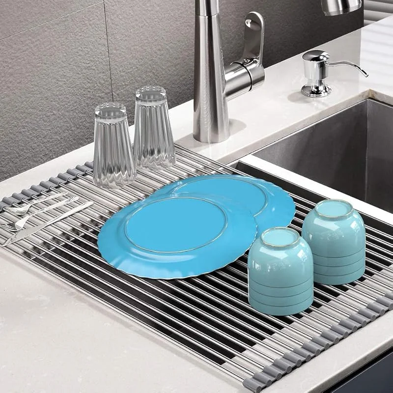 47*35cm Silicone Stainless Steel Sink Draining Rack Kitchen Roller Shutter Tableware Fruit and Vegetable Storage 18 Tubes