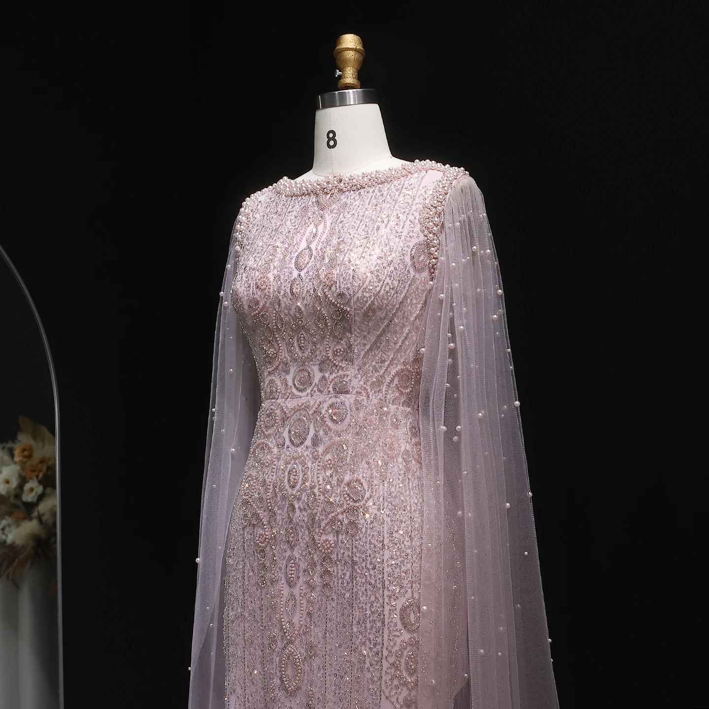 Sharon Said Luxuriöses Champagner-Abendkleid mit Cape-Ärmeln, Pailletten und Perlen, für formelle Anlässe und Partys, SS668, maßgeschneidert – Detail 14