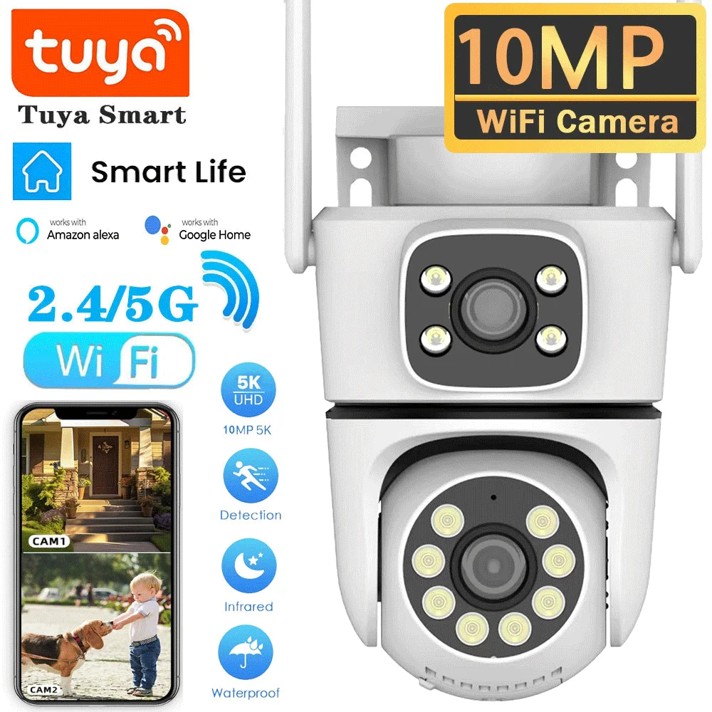 Tuya 10MP Dual-Lens 5G Wifi Camera PTZ Outdoor 4K HD Dual Screen Home Security-protection Camera Color Night Vision Surveillance