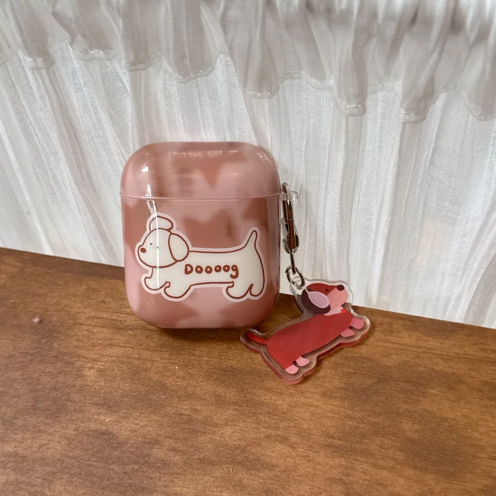 

Smudged rose pink dachshund protective case, suitable for AirPods Pro2/AirPods 4/3/2, cute shockproof earphone case with pendant
