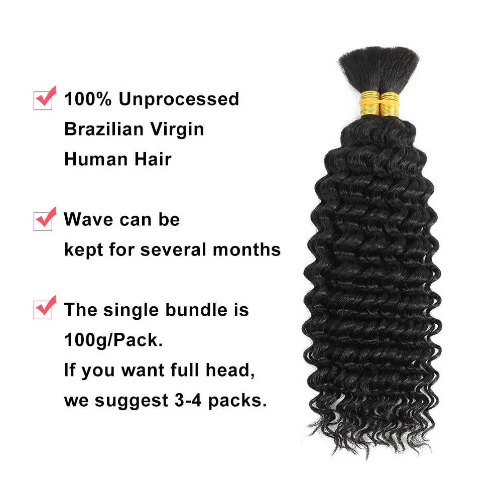 Extensions brésiliennes de cheveux humains pour tressage Boho, vague profonde bouclée, cheveux en vrac pour tressage, pas de faisceau de trame