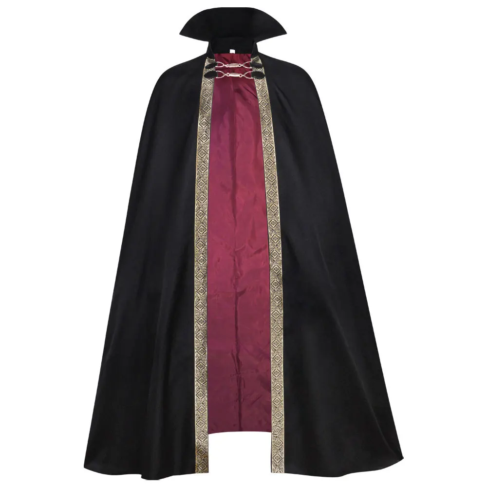 

Vampire Baron Cape High Collar Long Cloak Red Lining with Black Exterior Gold Trim Design Gothic Halloween Retro Cosplay Costume