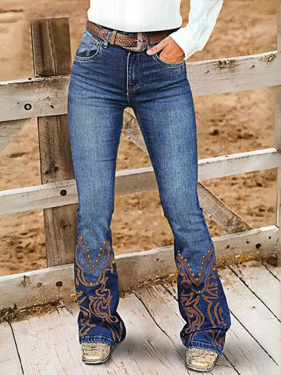 

【HME】Women'S Stretch Flare Jeans With Colorful Paisley Print - Vintage-Inspired, Elegant Commuter Bell Bottom Denim Pants