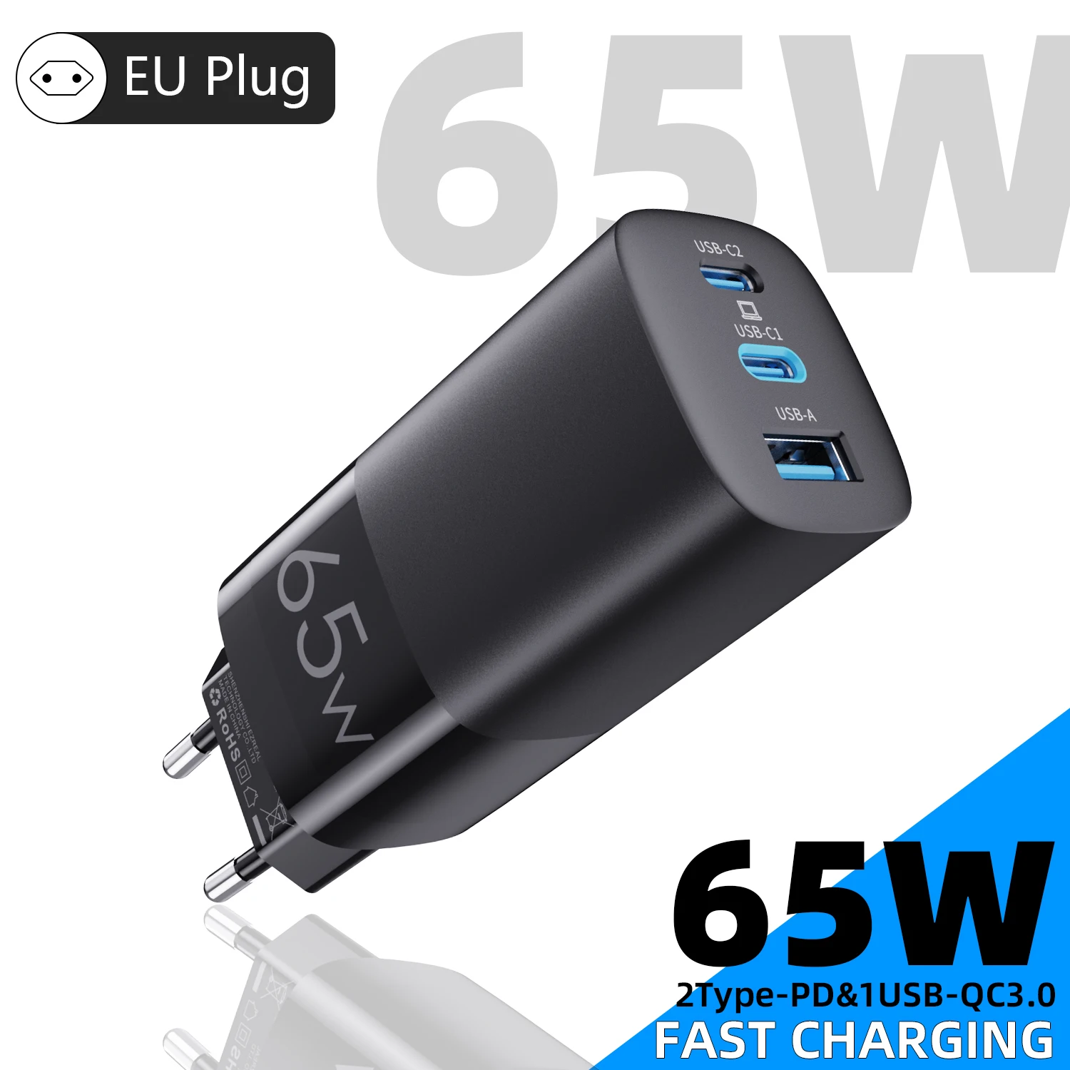 GaN 65W USB-C Ladegerät mit schnellem Laden QC4.0 QC3.0 PD3.0 für iPhone 17 16 15 14 13 12 Xiaomi 12 11 Samsung S23 S22 Laptop