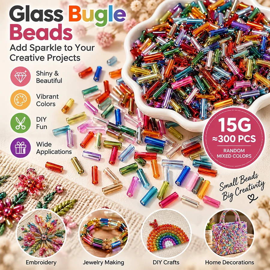 15g Glass Bugle Beads, 300Pcs Mixed Color Tube Beads for Jewelry Making, Embroidery, DIY Crafts, Home Decoration, Shiny Beads