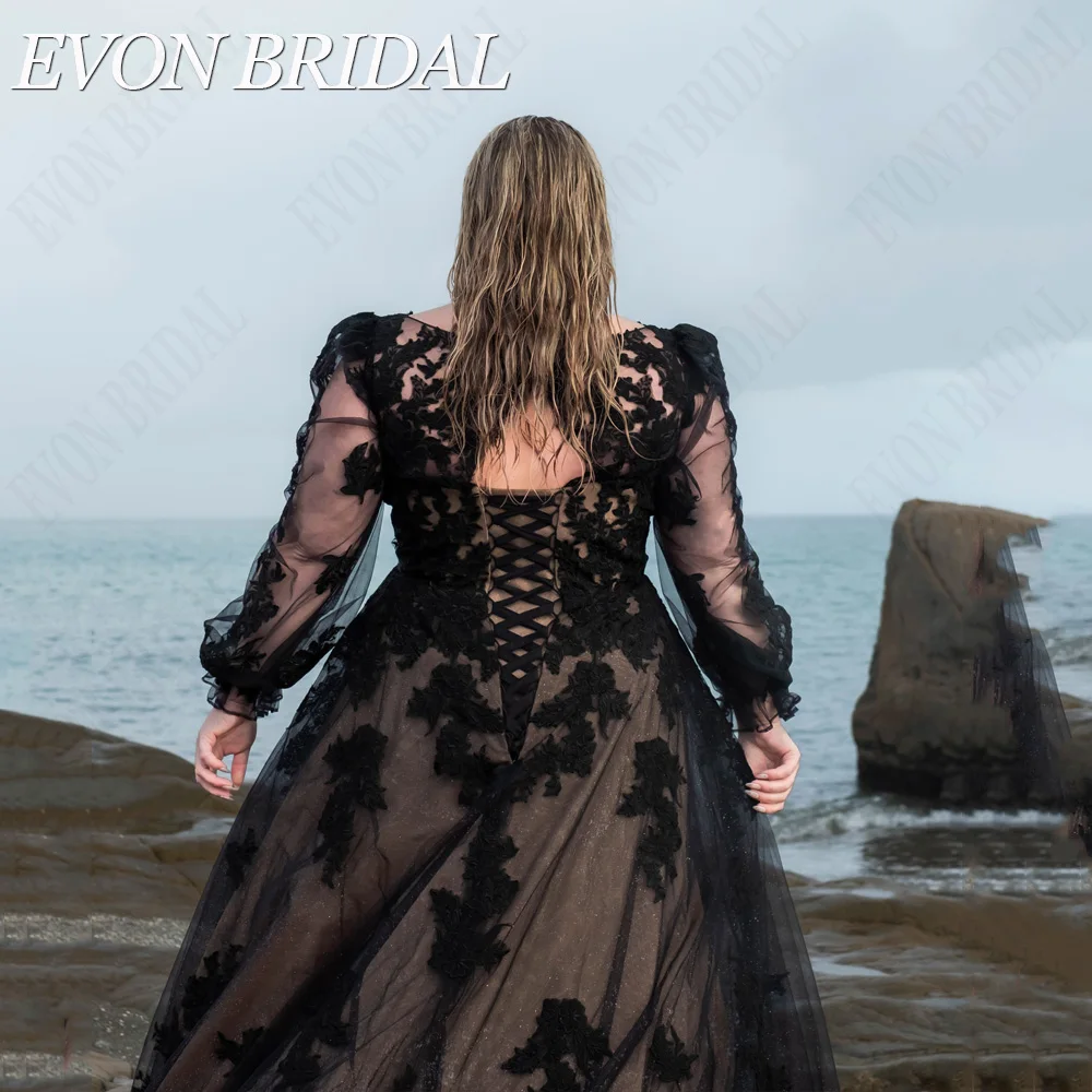 Evon Bridal robe de mariée noire moderne manches bouffantesEVON BRIDAL-Robe de mariée noire moderne avec manches bouffantes, robe de mariée en tulle