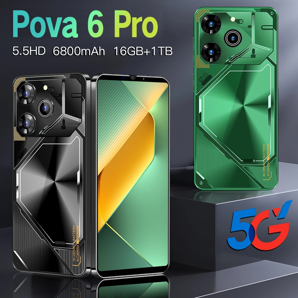 HOT Pova 6 Pro Smartphone 5.5 HD Android Mobile Phone Unlocked 5G Dual Sim Card 6800mAh 16GB+1TB Cellphone 50MP+108MP Celulares