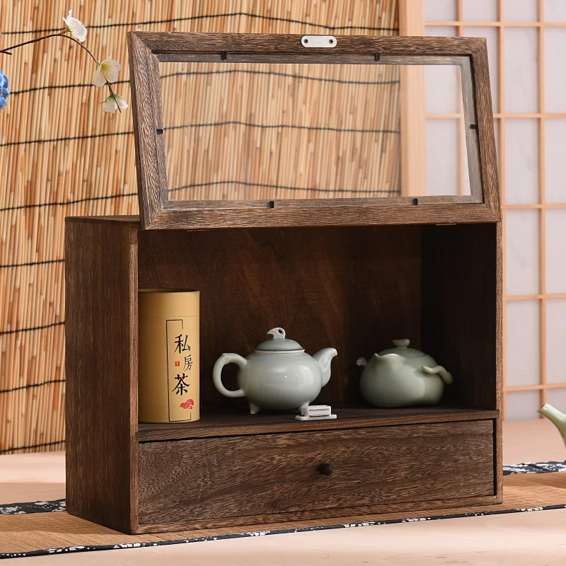 Solid wood dustproof glass teacup holder teapot display box teaware pet organizer tea display cabinet