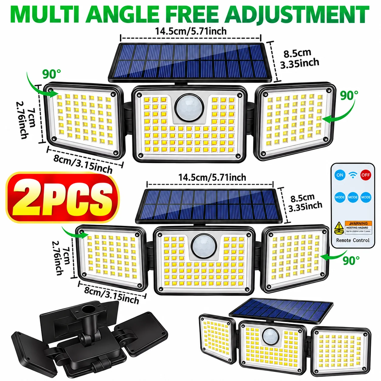 1/2PCS 2500LM Solar Motion Sensor Lights, 3-Head 270° Wide Angle Outdoor Security Wall Light with Remote Control, 3 Lighting Modes, IP54 Waterproof Solar Flood Lights for Yard, Patio, Garage, Garden & Street