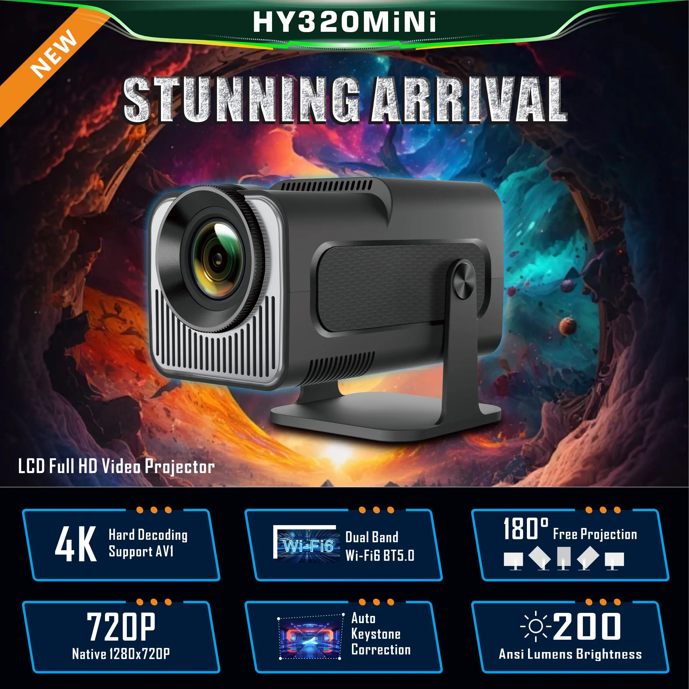 HY320 Mini-Projektor, 4K-Unterstützung, 200 ANSI Lumen, 30.000 Stunden Lebensdauer, LCD-Display-Technologie, Android 11 Smart-Betriebssystem, Smartphone-Bildschirmspiegelung, Smart-Projektor