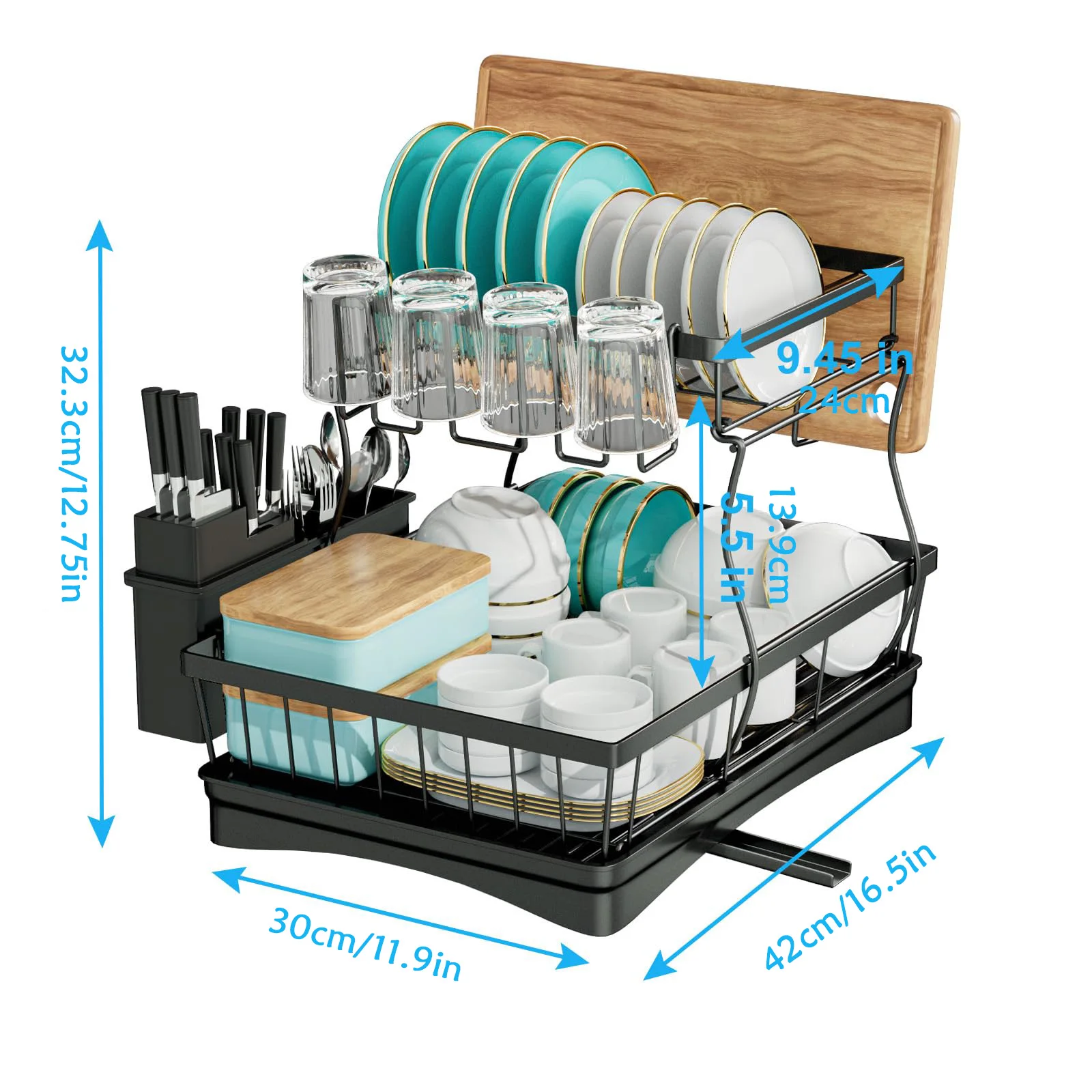 Kitchen Storage Rack, 2 Tier Dish Drainer with Drip Tray and Drainer Mat,with Utensil Holder, Cutlery Drainer，Swivel Spout