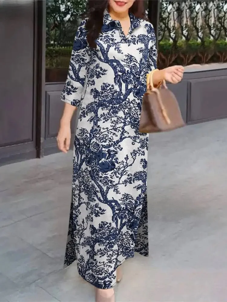 ZANZEA Vintage jesienna sukienka letnia moda OL praca Vestido eleganckie sukienki imprezowe damskie z klapami 3/4 rękaw sukienka z kwiatowym nadrukiem — zdjęcie 2