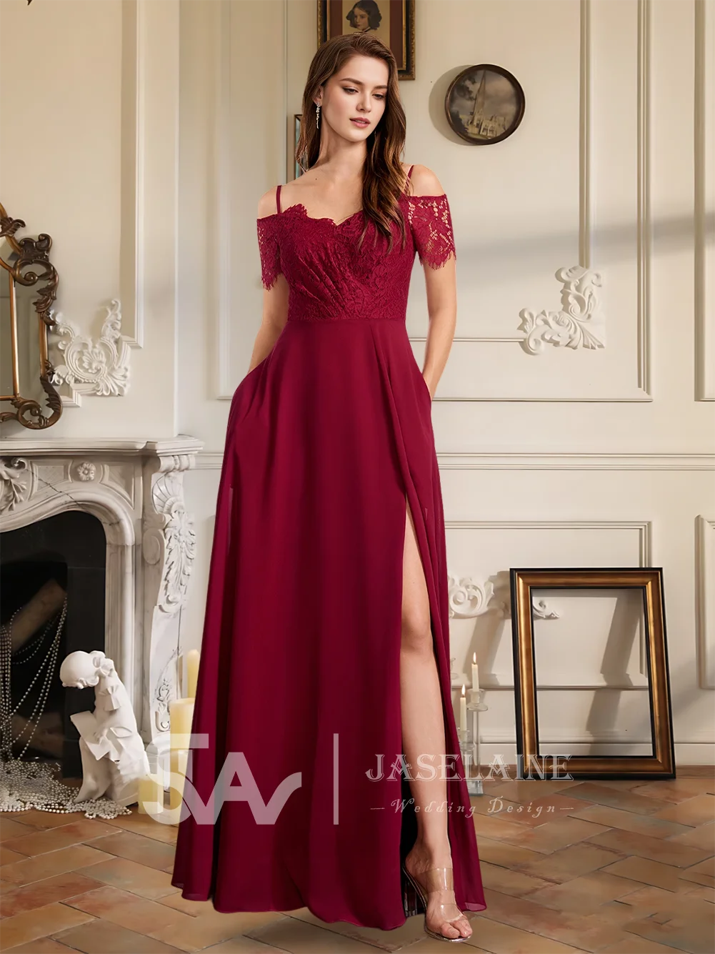 B Bridesmaid Dresses A-Line V-Neck Floor-Length Lace Chiffon Spaghetti Straps Wedding Guest Evening Party Cocktail Dresses