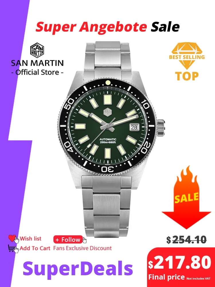 San Martin 62mas Diver Watch 39mm Classic NH35 Men Automatic Mechanical Watches Sapphire Waterproof 200m SLN C3 Luminous SN0007