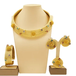 Classic Vintage Woman Necklace Jewelry Set Full Copper Material Colorful Rhinestones Luxury Bracelet Earrings Wedding Jewelry
