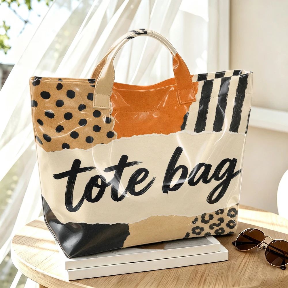 1PC Splicing Leopard-Print Polka-Dot Striped Letters Tote Bag, Retro Paper Tearing and Wind Contrast Printing, Large-Capacity Clutch Bag, Outdoor Travel Commuting, Storage of Beauty Books, Travel Paraphernalia, Short Handle Clutch Bag.