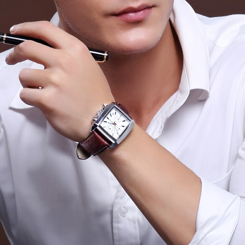 MEGIR Men's Quartz Watches Multifunctional Rectangle Dial Waterproof Sport Casual Wristwatch Chronograph Leather Strap Auto Date