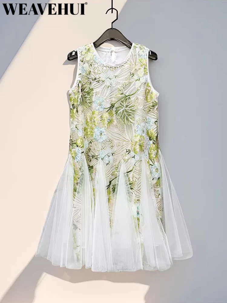 WEAVEHUI Women's Sweet Age reduction  Vest Dresses  O-Neck Sleeveless Decorate Embroidery Sequins Summer New model