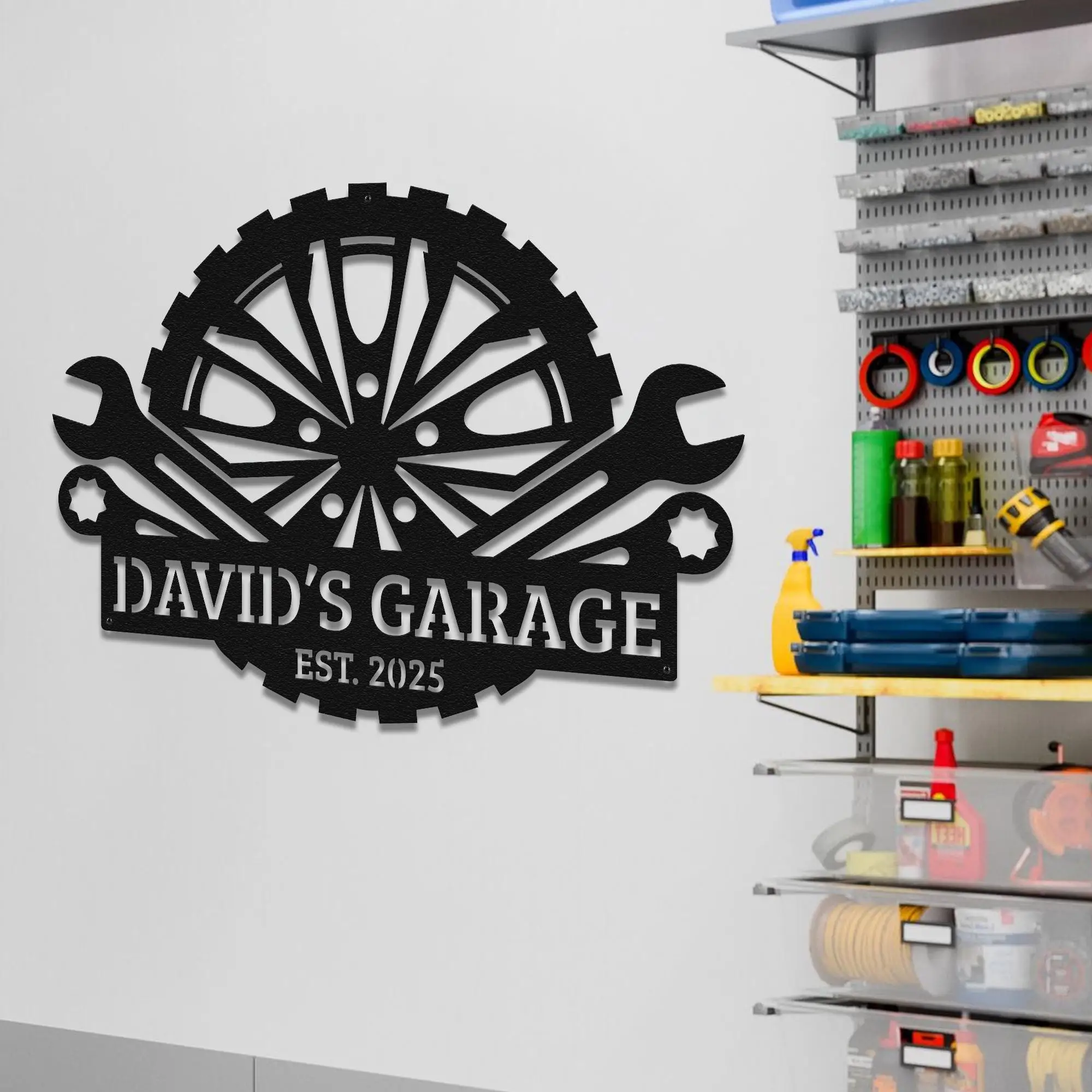 

Mechanic Garage Metal Sign – Custom Name Workshop Wall Art with Wrenches, Personalized Gift for Car Lovers, Auto Shop