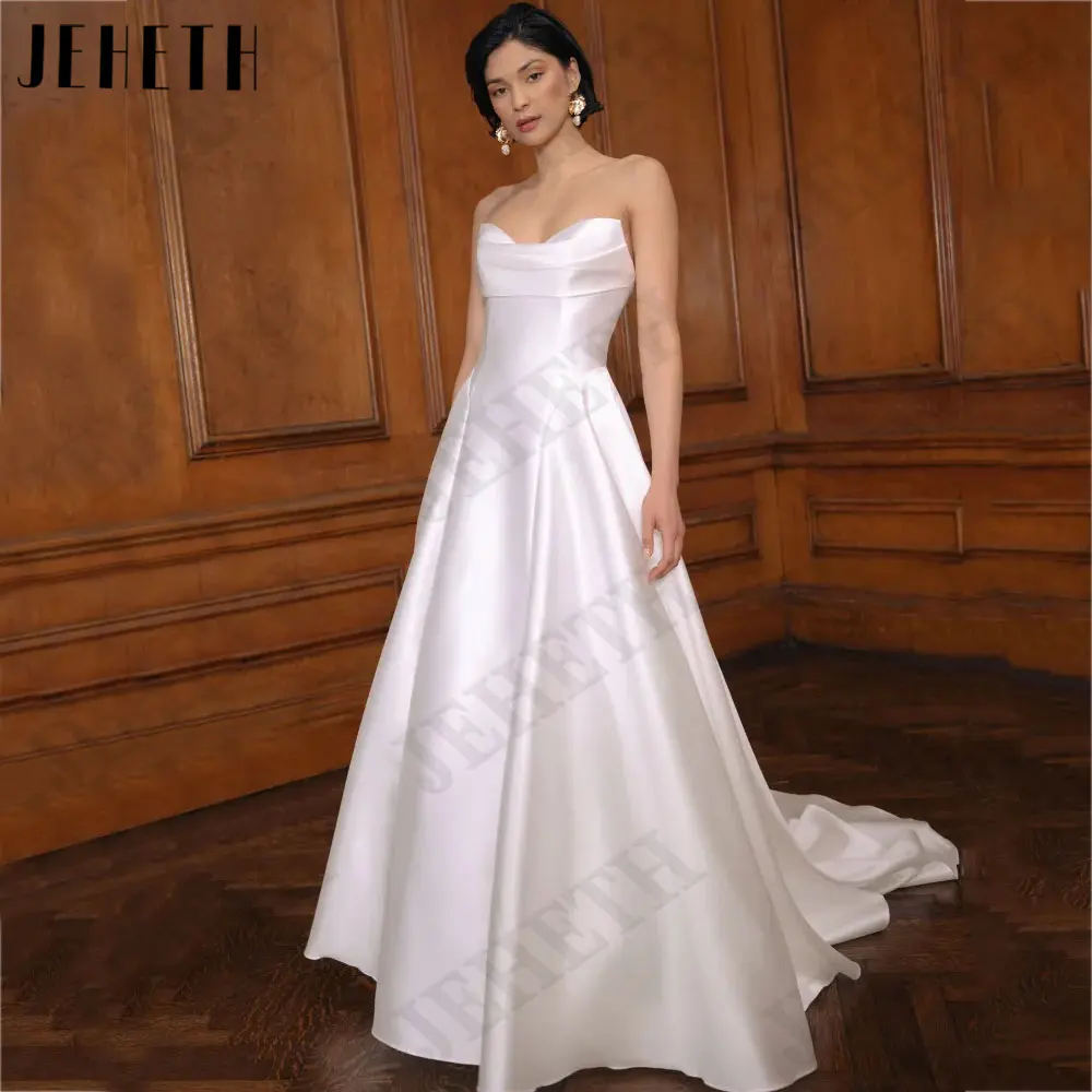 JEHETH Strapless Satin A-Line Wedding Gowns Sexy Sleeveless Backless Bride Dresses Back Buttons vestido de casamento Custom Made