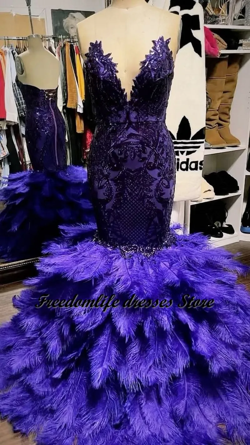 Sexy roxo penas sereia vestidos de baile 2022 querida lantejoulas africano meninas vestidos de festa à noite robe de soirée de mariage