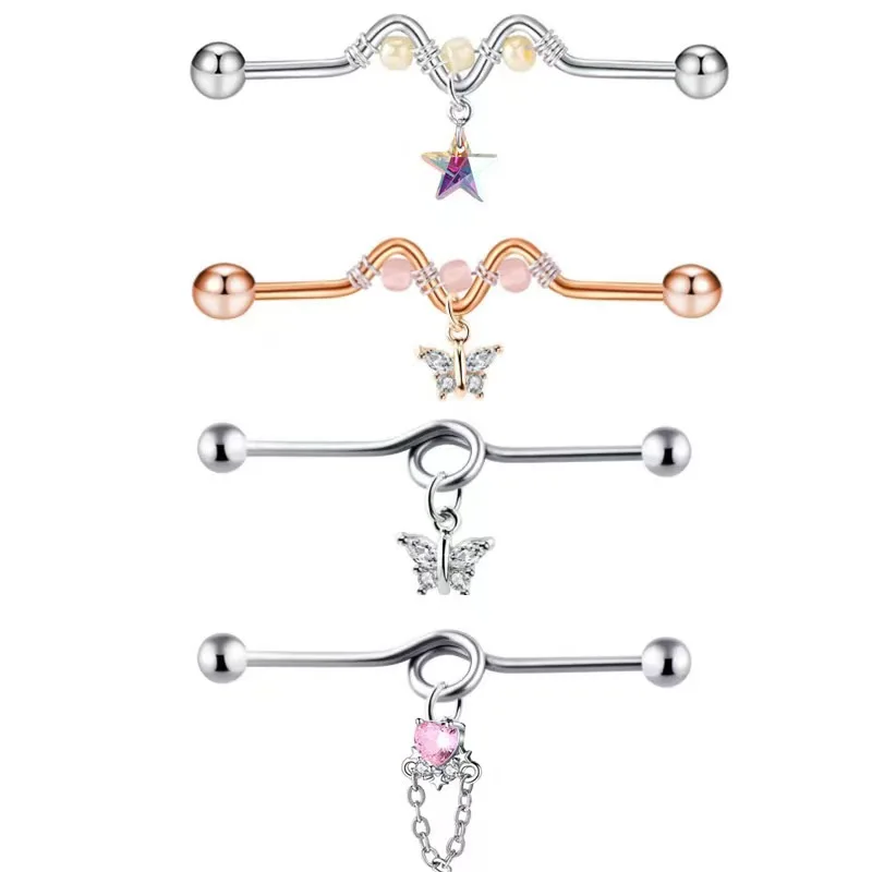 

1 pair Metal Long Ear Bone Nail Zircon Stainless Steel Barbell Double Ear Hole Women Body Piercing Jewelry