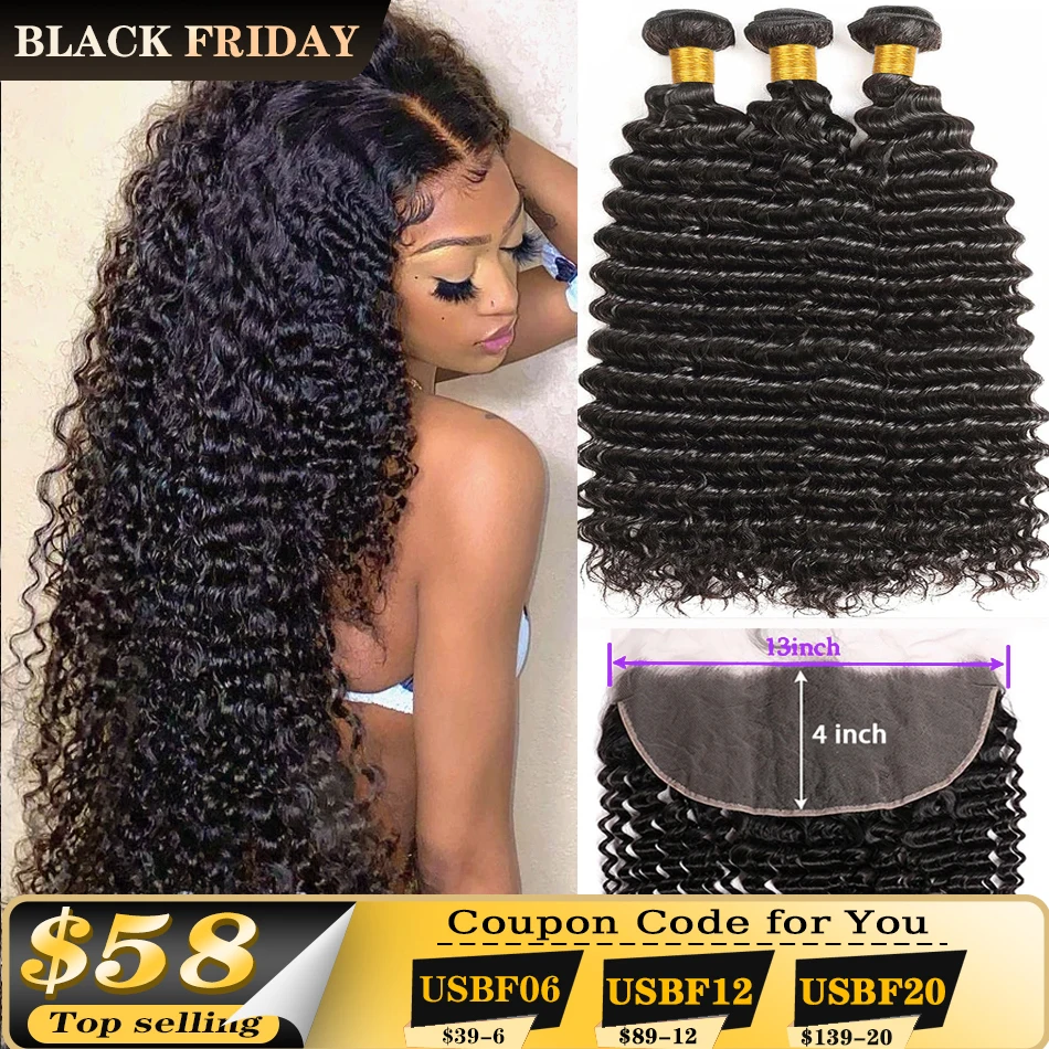 100% Human Hair Bundles with Closure Frontal Brazilian Deep Wave Hair Extensions and 13x4 Lace Frontal Curly Human Hair Weaving