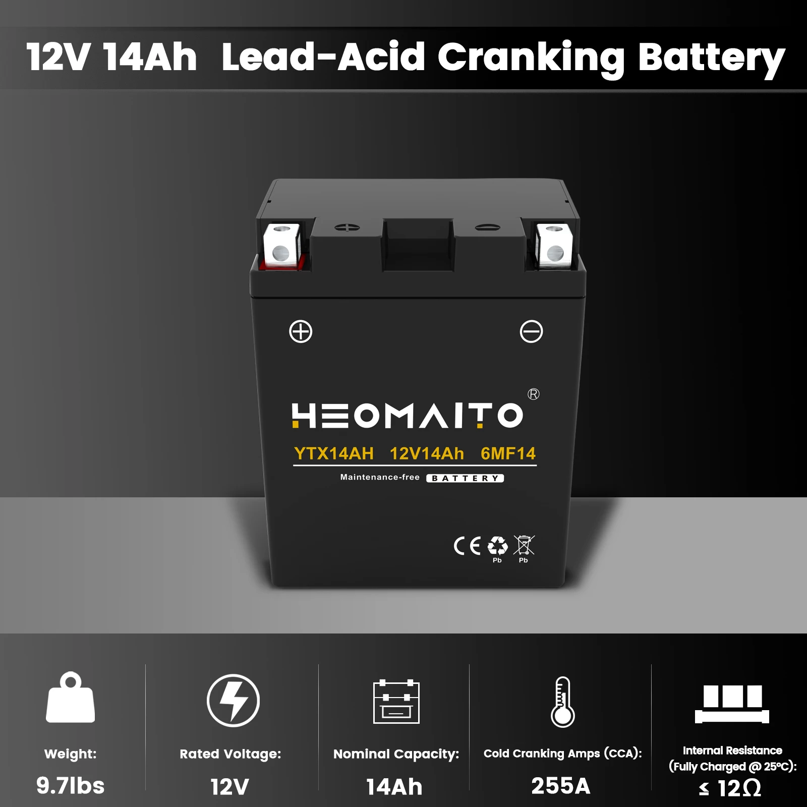 YTX14AH 255 CCA Motorcycle Battery, 12V 14Ah Sealed Lead Acid Powersports Battery, Rechargeable Maintenance Free Battery for Compatible ATVs, UTVs and Snowmobiles, ABS Case