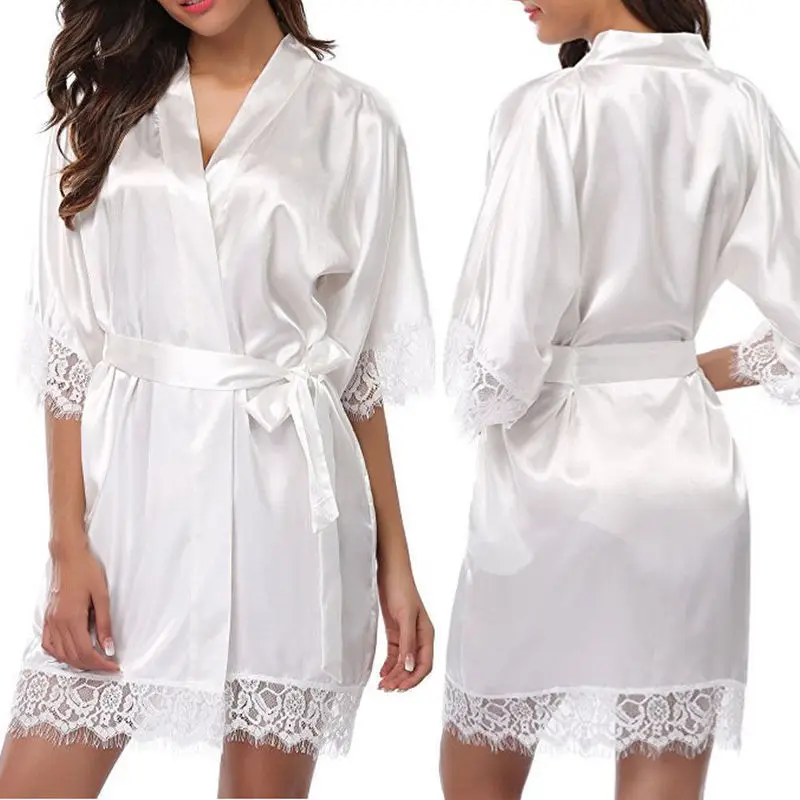 Women Iace Silk Pajamas Robes Sleepwear Nightgowns Half Sleeve Nightdress Black Lace Bathrobe Smooth Soft Comfortable Pure Color