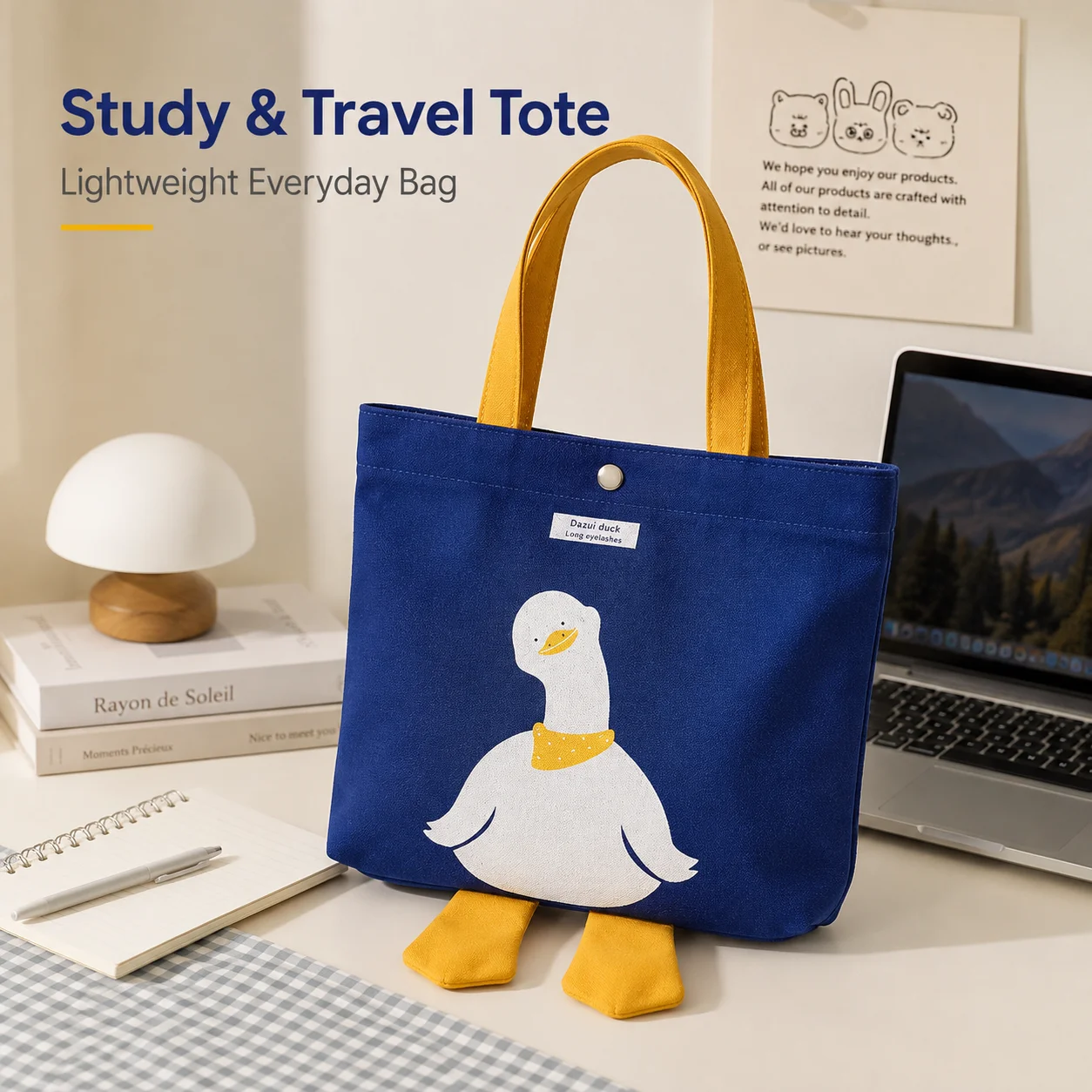 Women's Cute Duck Canvas Tote Bag Cartoon Animal Handbag Casual Large Capacity Shopping Shoulder Bag with Magnetic Snap