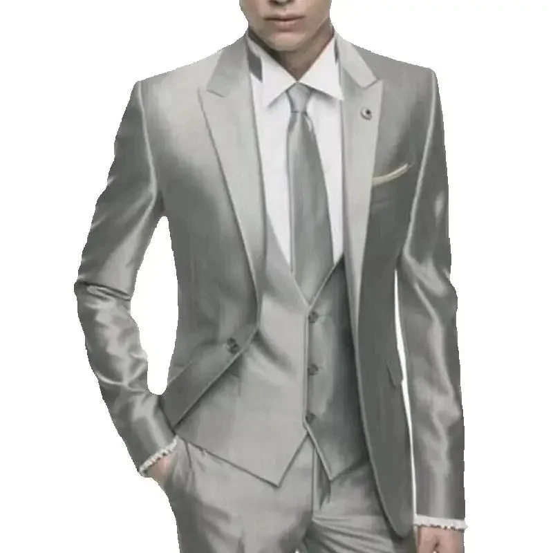 Silbergrauer Satin-Herrenanzug, schmales Set, formelle Hochzeit, dünn, stilvoll, männlicher Blazer, Party, individueller Smoking, 3-teilig, Vestidos-Anzüge für Männer