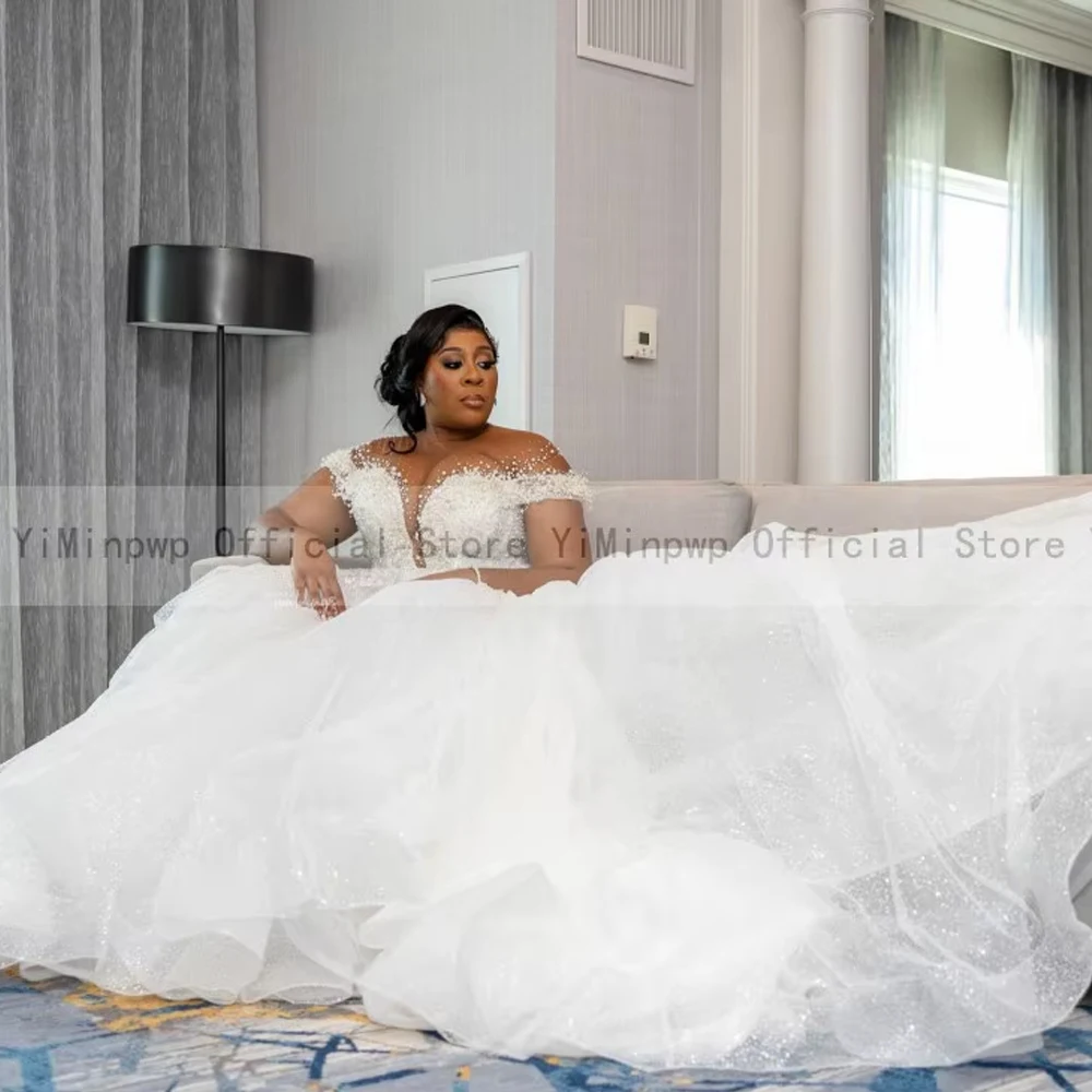 Lấp Lánh Áo Cưới Cho Cô Dâu Sheer Cổ Phối Ren Đóng Cửa Lớn Chiếu Trúc Hạt Kim Sa Lấp Lánh Plus Size Nữ Quốc Gia Vườn Cô Dâu Đồ Bầu