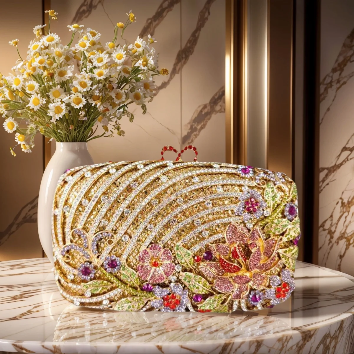 

Vintage Women Flower Rhinestone Evening Bag Elegant Floral Crystal Wedding Purse Diamond Handbag for Prom Dating Banquet