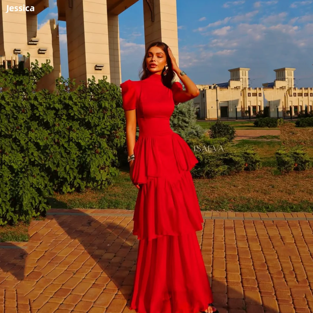 Jessica Short Sleeves And Turtleneck Evening Dresses Red Hand-layered Prom Dresses Women's Formal Party Dresses Customized