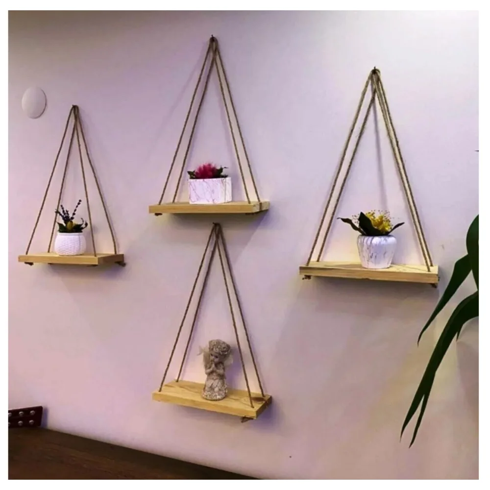 4 Pcs Decorative Wooden Rope Wall Shelf, Bookshelf & Kitchen Bath Smart Storage Flowerpot, Flying Shelf Wooden Home Decorati