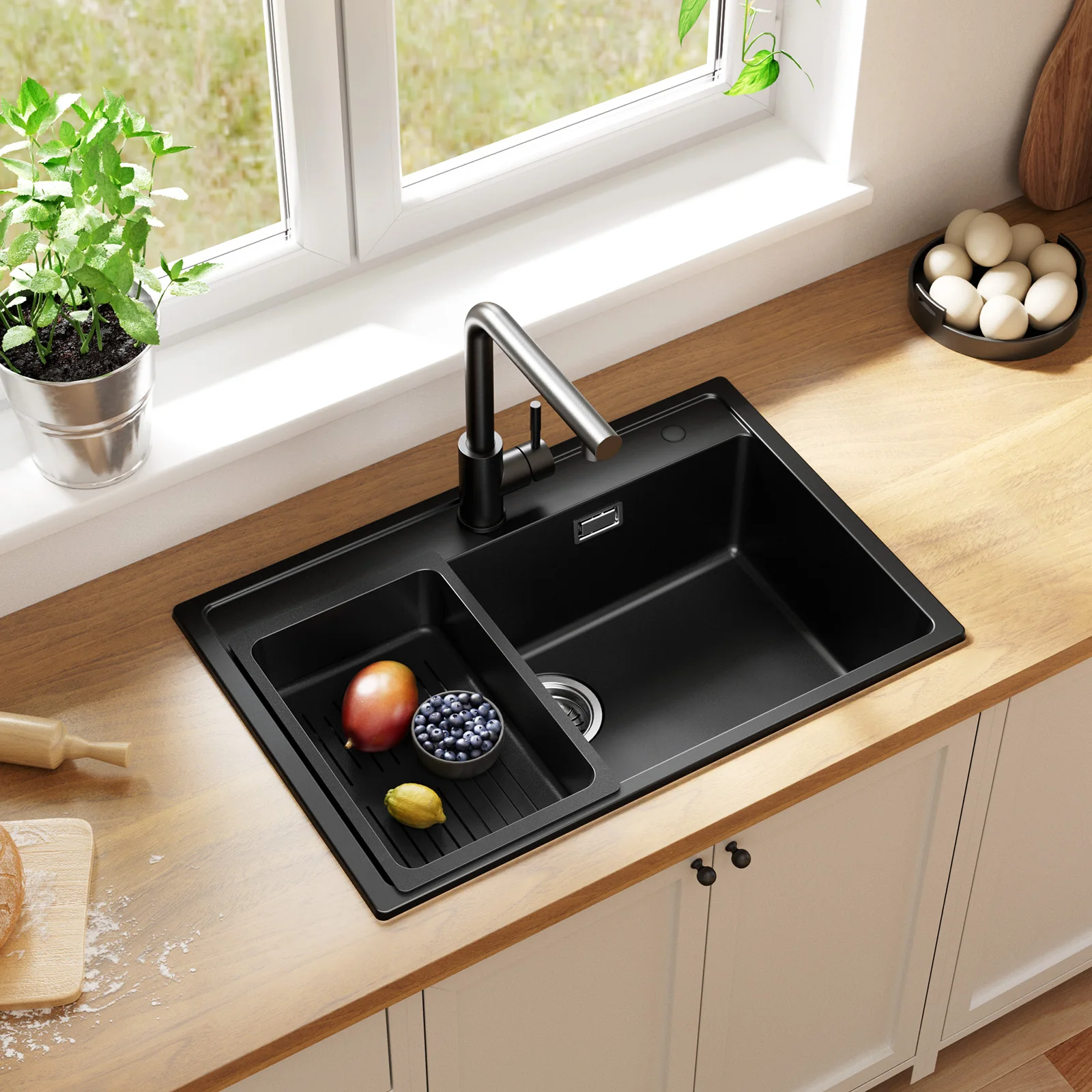 70 x 46 cm Küchenspüle Schwarz Quarzkomposit Steinspüle Einbauspüle mit Spülkorb Hitzebeständig Steinstruktur Spülbecken Großer Raum für Moderne Küche und Wohnmobil Siphon Abfluss Set