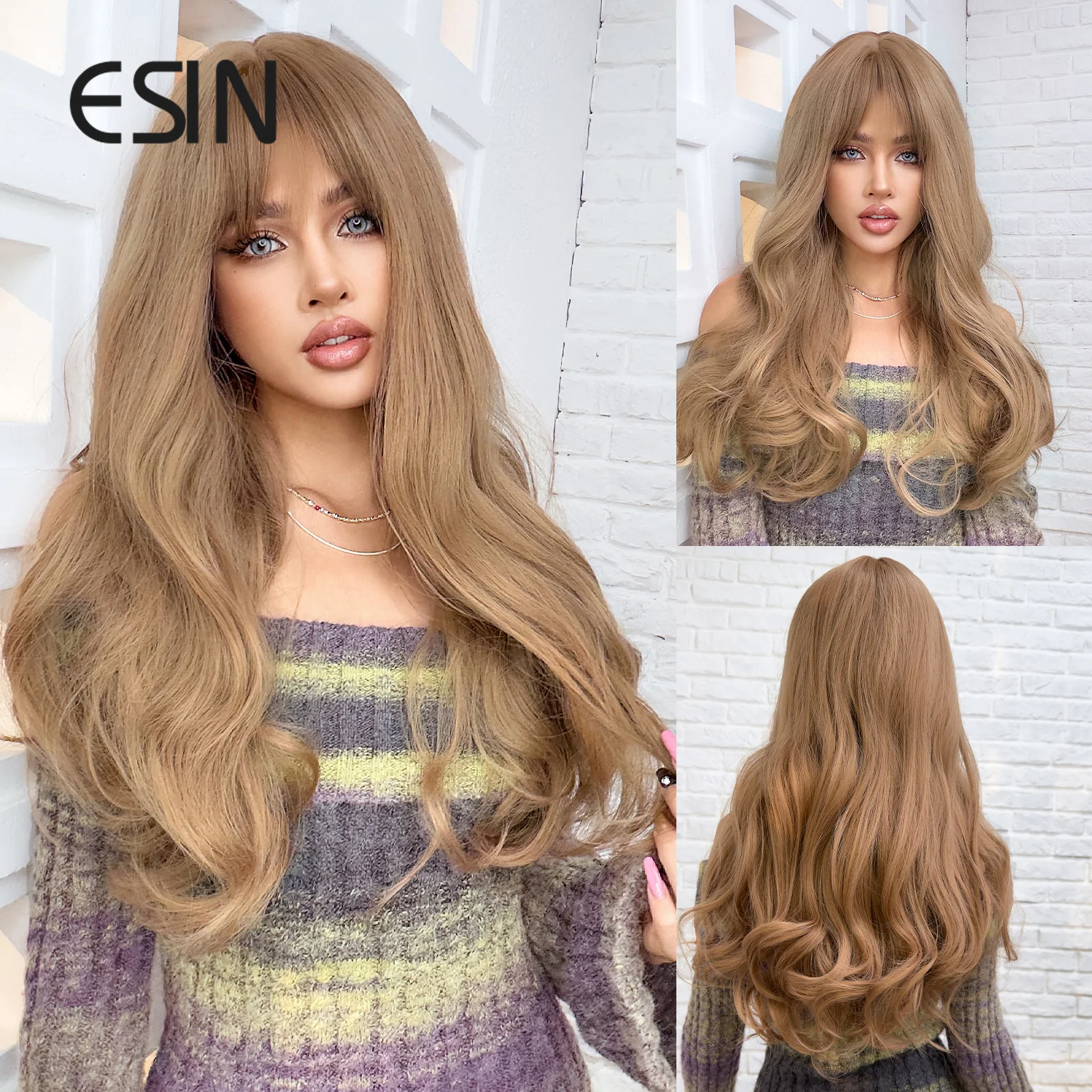 

ESIN Synthetic Blonde Long Curly Wig with Bangs Fluffy Wigs for Women High Temperature Daily Cosplay Hair