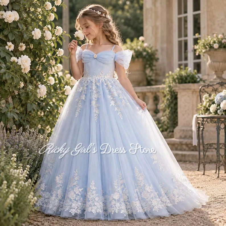 Off Shoulder Flower Girl Dresses For Wedding Lace Appliques Blue Pageant Dresses For Girls Tulle Kids Birthday Ball Party Gowns