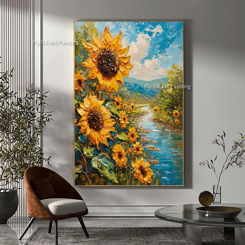 

Sunflower Hand Painted Floral Oil Painting Yellow Flower Landscape Canvas Painting Fashion Flower Art Modern Wall Art For Decor