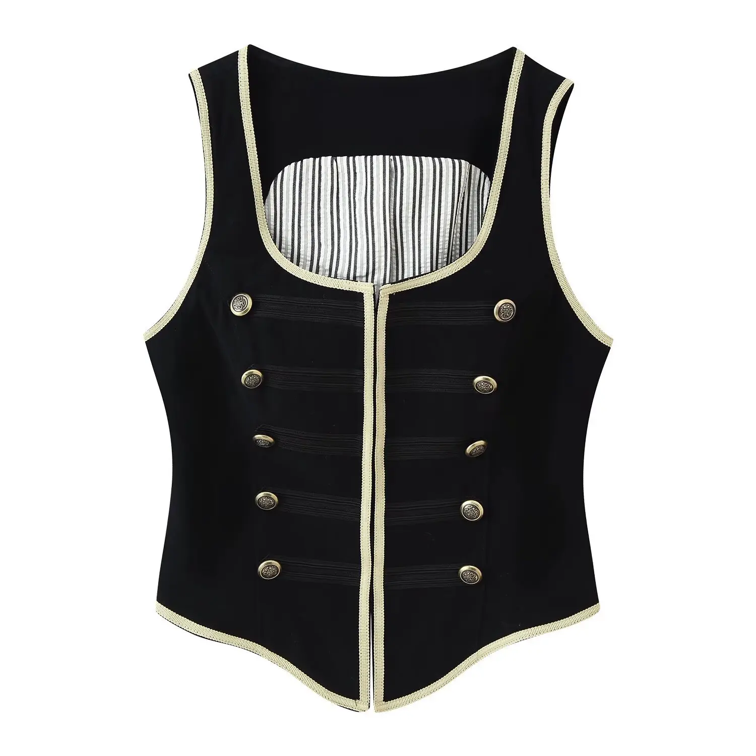 Womens Military Style Gold Braided Trim Vest Square Neck Sleeveless Crop Waistcoat Vintage Office Lady Streetwear Tank Tops