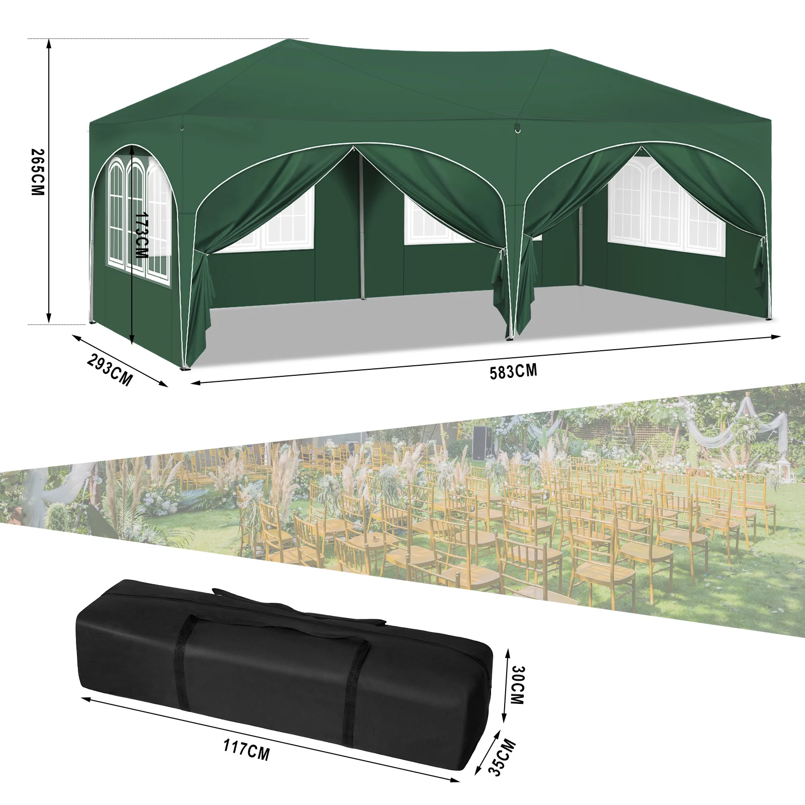 Gazebo plegable para jardín, toldo con 6 paredes laterales, altura ajustable, impermeable, protección UV, tienda de fiesta con bolsa de transporte,