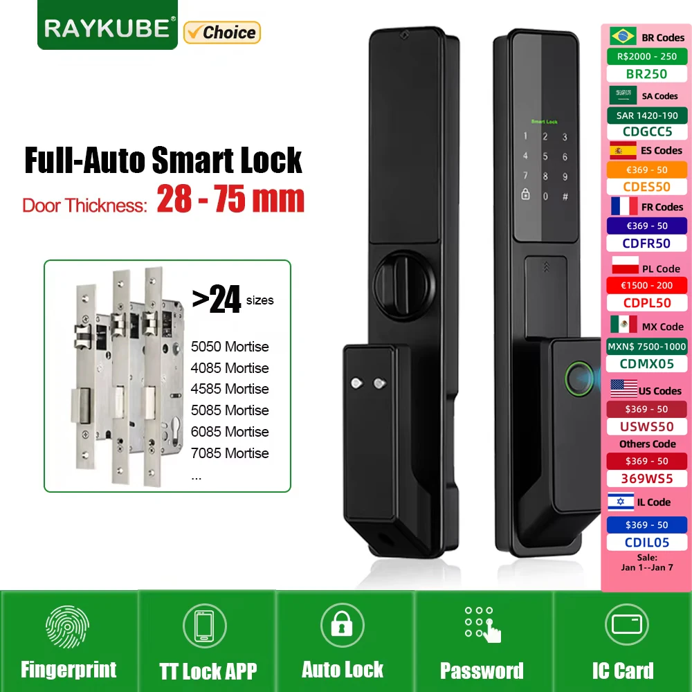 

RAYKUBE V1 TT Lock BLE Full-auto Advanced Electronic Fingerprint Smart Door Lock With TT Lock APP/NFC/ICCard/Password/Key Unlock