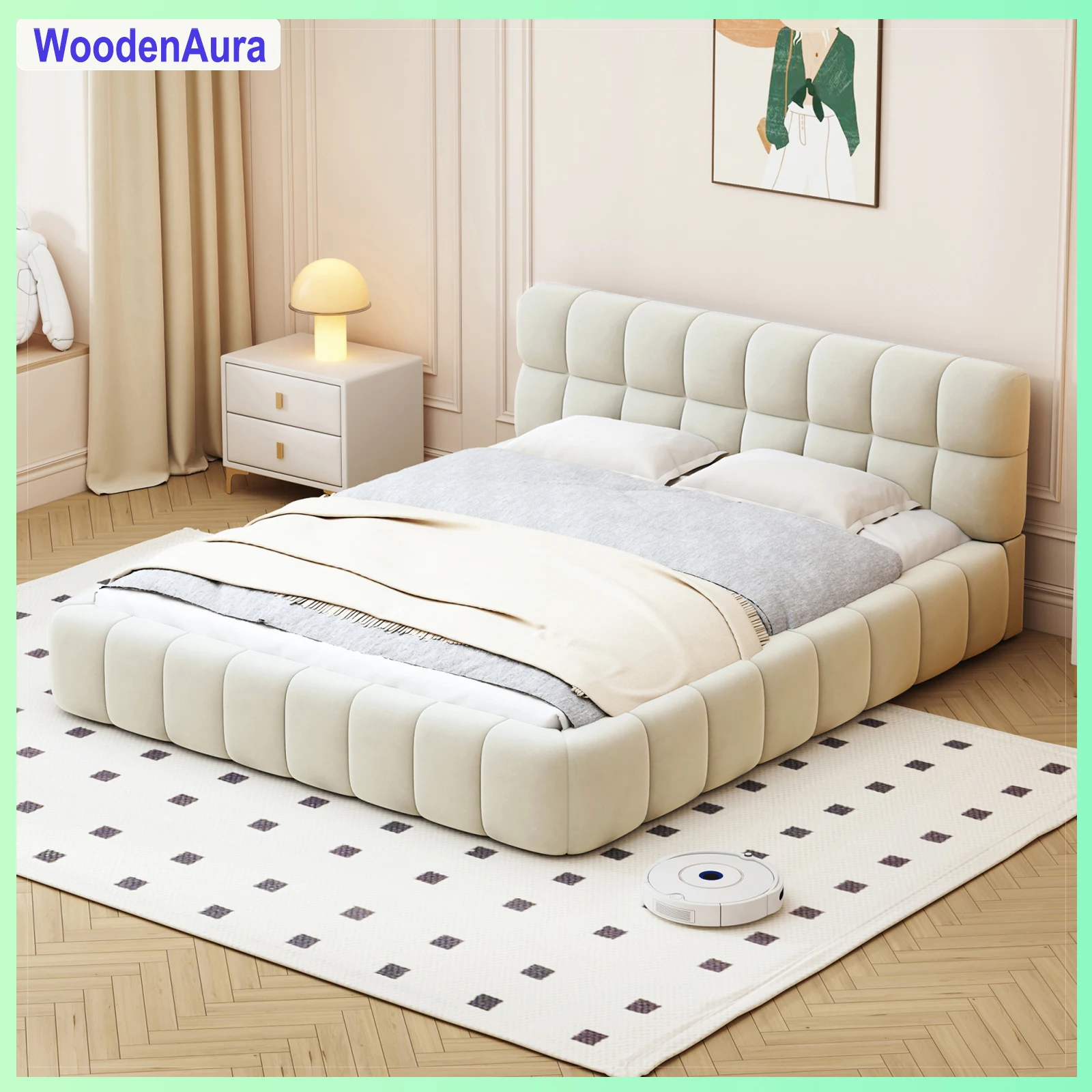 WoodenAura Lit 140x190 cm avec sommier à lattes, lit double avec dossier moelleux, lit en dentelle, lin, beige, sans matelas