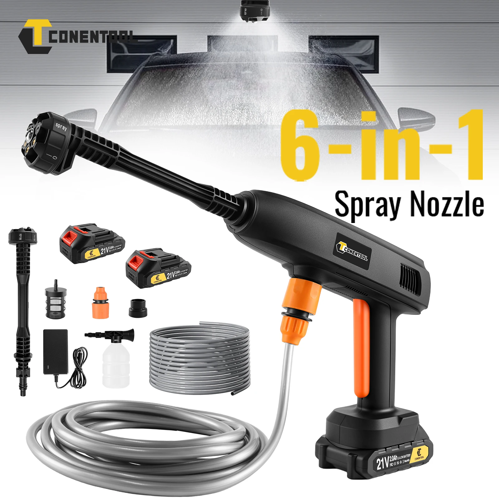 CONENTOOL Idropulitrice Elettrica Senza Fili 6in1 da 6 Pollici, 100 Bar, 650W con 2 Batterie per Batteria Makita 18V
