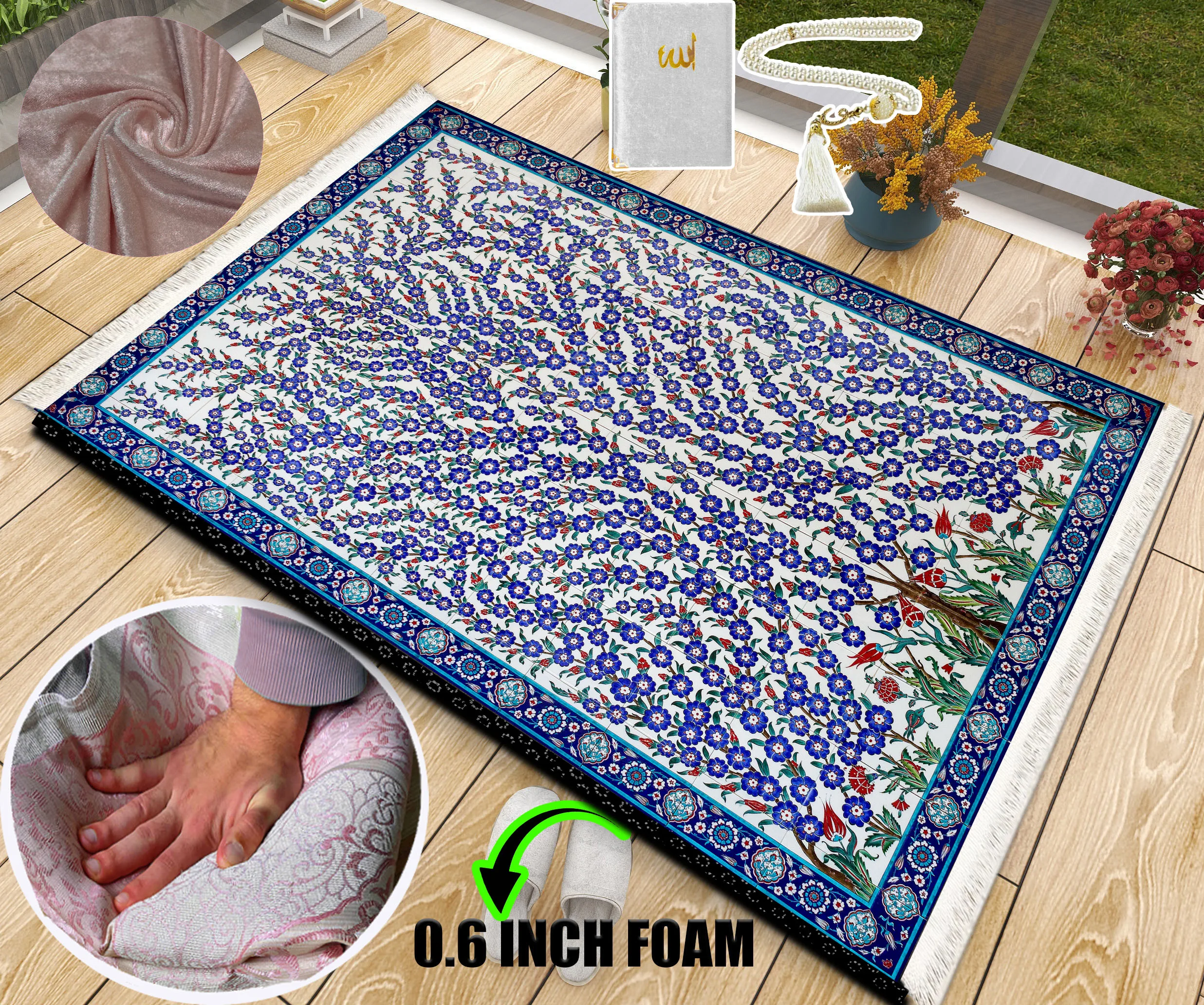 

Extra Thick Foam Padded Turkish Pink Gold Prayer Rug, Luxury Yaseen, Soft Praying Mat Carpet & Pearl Tasbeeh, İslamic Gift Set