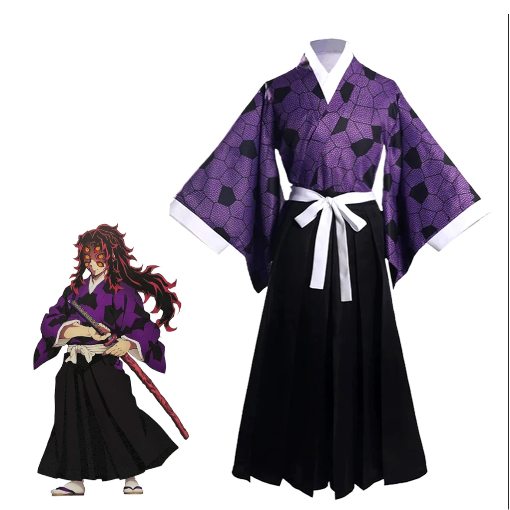 

Demon Slayer Kokushibo Cosplay Full Set, Japanese Samurai Uniform Purple Haori Kimono, Kokushibo Wigs Props