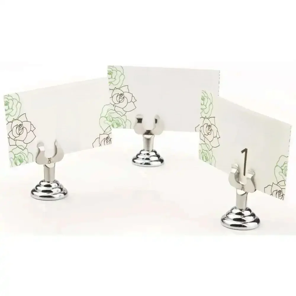 Porte-cartes en métal à double bras, support de signe de table de bureau, pince à étiquette, base ronde argentée, lieu de mariage, 1 "-5/8