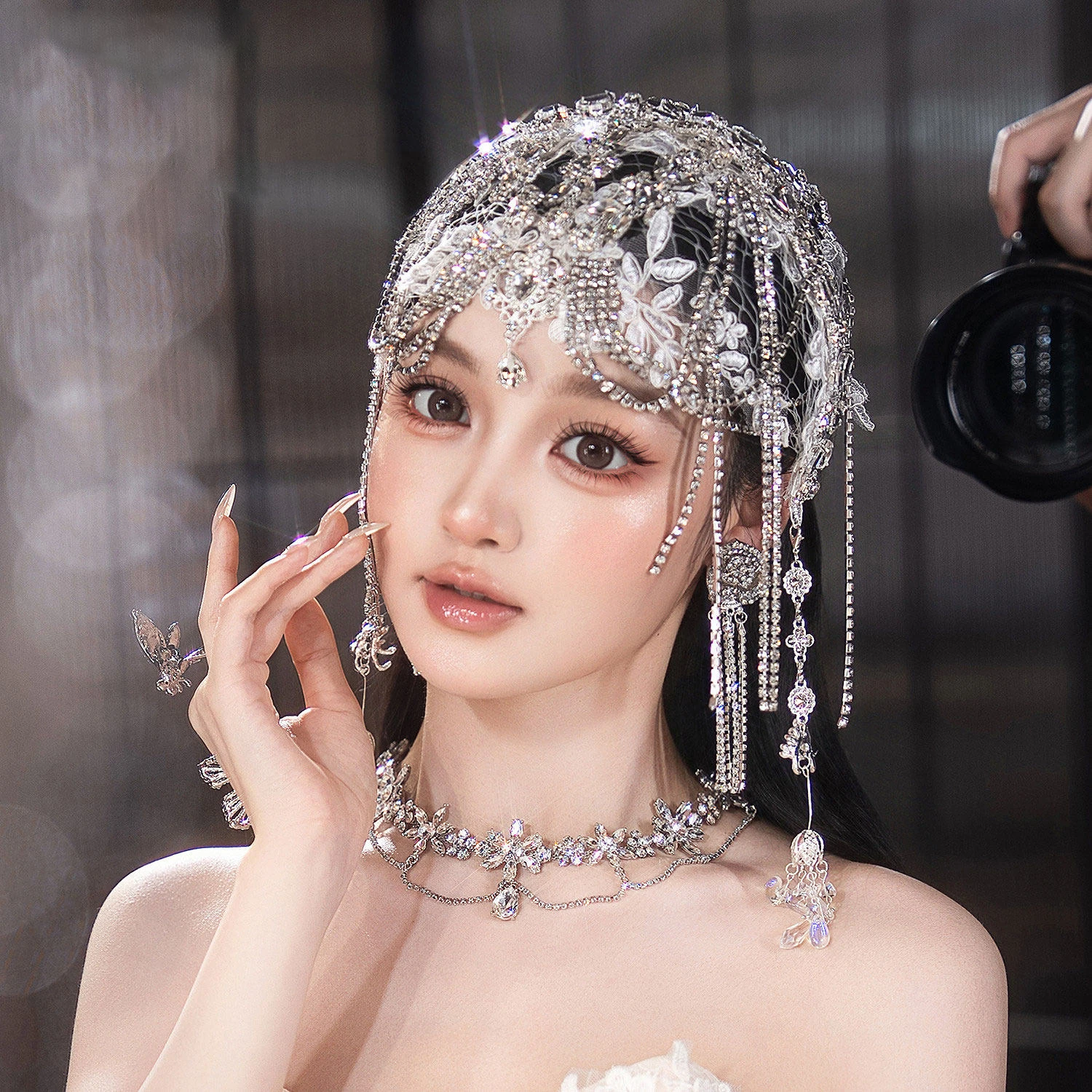 Elegant Crystal Rhinestone Lace Bridal Hat High-End Fashion Hair Accessory for Studio Makeup Toasting Dress Headwear