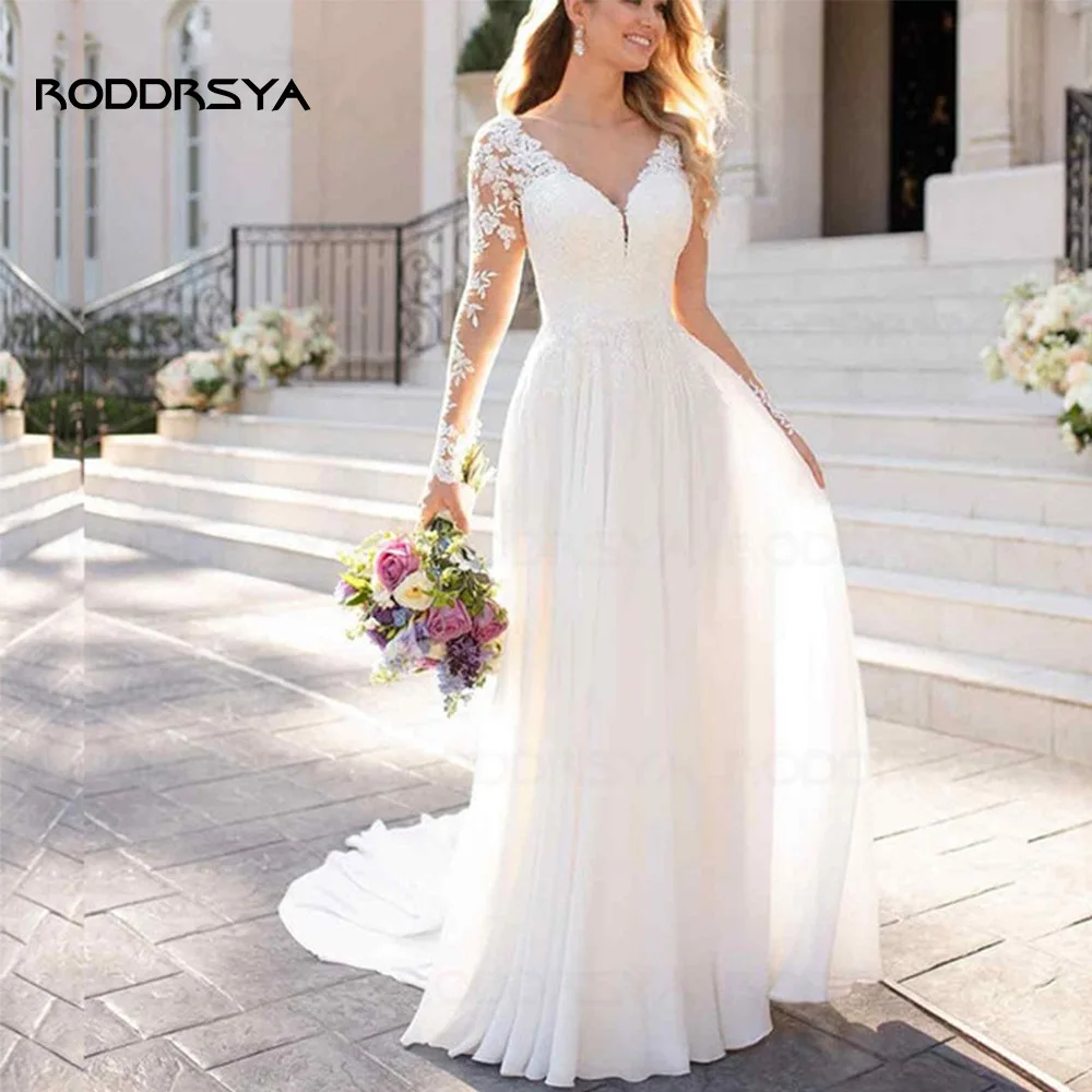 

RODDRSYA V-Neck Long Sleeves Wedding Dress Chiffon Beach Boho Lace Bridal Party Gown A-line Backless Vestido De Novia Customized