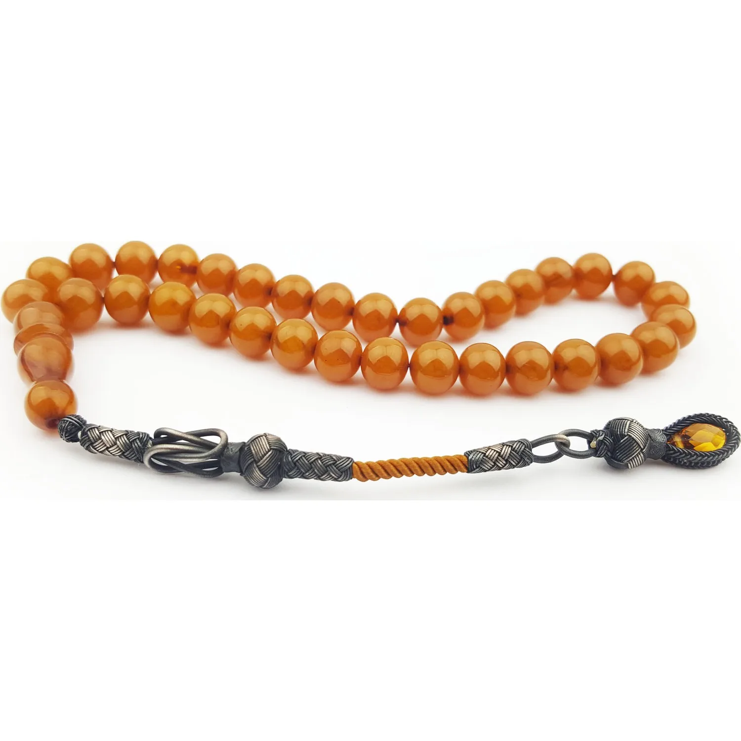 Honey Colored Amber 1000 Carat Kazaz Silver Tasseled Prayer Beads